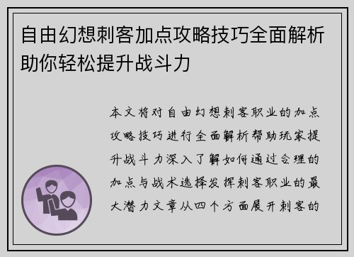 自由幻想刺客加点攻略技巧全面解析助你轻松提升战斗力